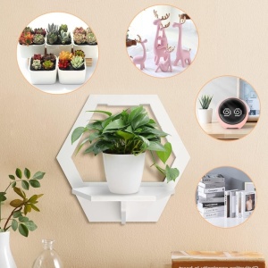 Etajera de perete, hexagon, dimensiuni 29 cm x 27 cm, cu polita de depozitare, din PVC, usor de asamblat, alb - Img 2