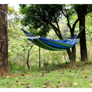 Hamac din bumbac, pentru relaxare, dimensiuni 180 x 80 cm, cu bara de lemn, greutate maxima suportata 150kg, verde/albastru - Img 2