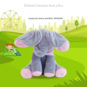 Jucarie interactiva elefant, FOXMAG24, peek a boo, canta si vorbeste, 30x15 cm, gri/roz - Img 2