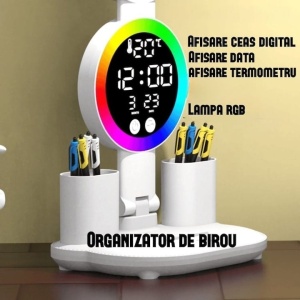 Lampa de birou, SMART, flexibil 30-47cm, cu ceas, data si temperatura, suport anti-alunecare, cu 2 organizatoare, din ABS, alb - Img 2
