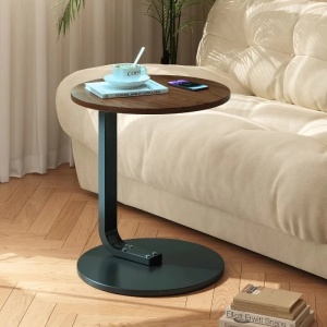 Masuta de cafea, rotunda, blat din MDF, suport metalic, dimensiuni 50 x 60 cm, cu un picior, pentru living si bucatarie, maro/negru - Img 1