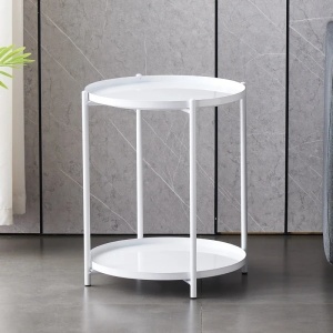 Masuta de cafea rotunda, din metal, cu 2 nivele, dimensiuni 42 x 52 cm, structura solida, tava detasabila, Greutate maxima suportata 20 kg, alb - Img 1