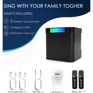 Microfon karaoke copii si adulti, cu difuzor separat, wireless, Bluetooth, modul card TF, 2 microfoane incluse, negru - Img 3
