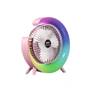 Mini ventilator de birou, cu iluminare multicolora LED, incarcare USB, ajustare 180 °, 3 viteze de functionare, lumini ambientale, alb - Img 1