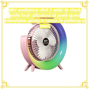 Mini ventilator de birou, cu iluminare multicolora LED, incarcare USB, ajustare 180 °, 3 viteze de functionare, lumini ambientale, alb - Img 2