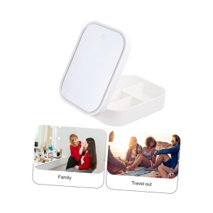 Portfard pentru cosmetice cu oglinda led, 3 modele de lumina, incarcare USB, compartimentat, imitatie piele, dimensiuni 16.5x11.5x6 cm, alb - Img 5