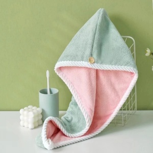 Prosop tip turban, cu nasture pentru uscare rapida par, din microfibra, dimensiuni 60 x 24 cm, verde/roz - Img 1