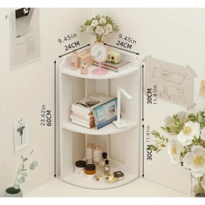 Raft de colt, multifunctional, pentru birou, baie, cu 2 etajere, dimensiuni 60x24x24cm, din MDF, alb - Img 4