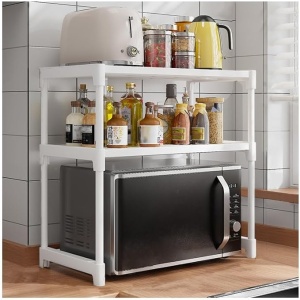 Raft extensibil, suport pentru cuptorul cu microunde, multifunctional, pentru bucatarie, baie, dormitor, din metal si plastic, eco-friendly, instalare usoara, alb - Img 2