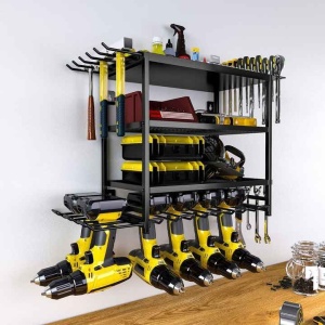 Raft pentru scule si unelte, din metal, cu montare pe perete, dimensiuni 60x41.5x24.5 cm, cu 4 compartimente de depozitare, carlige pentru agatare, negru - Img 1
