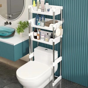 Raft tip organizator pentru baie, deasupra vasului de toaleta, cu 3 polite, dimensiuni 173 x 48.5 x 26 cm, din metal si plastic, extensibil, alb - Img 1