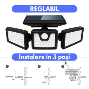 Set 2 lampi solare triple FOXMAG24, pentru exterior, cu senzor de miscare, rezistente la apa, 74 LED-uri, 2400 mAh, negru - Img 3
