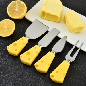 Set 4 ustensile mici pentru branzeturi, design elegant, usor de intretinut, lame din otel inoxidabil, compacte, galben/argintiu - Img 1