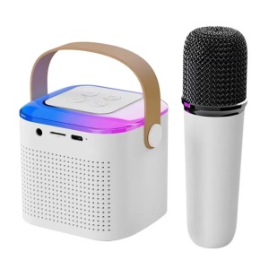 Set cu statie si microfon smart, boxa wireless, portabil, cu dimensiuni reduse, pentru copii si adulti, cu jocuri de lumini, alb - Img 1