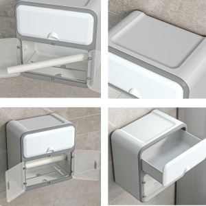 Suport pentru hartie igienica, autoadeziv, dimensiuni 22.5 x 14.5 x 23.5 cm, cu raft de sustinere pentru telefonul mobil, alb - Img 2