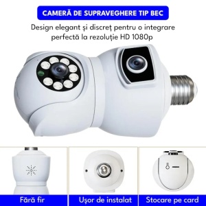 Camera de supraveghere tip bec, WiFi, dubla, 360° panoramic, alarma, vedere nocturna, port microSD, detectare a miscarii, alb - Img 3