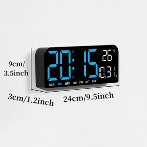 Ceas de masa si de perete, digital, cu lumina led albastru, calendar, cronometru, alarma, termometru, functie snooze, 2 moduri de iluminare, dimensiuni 24x9cm, negru/albastru - Img 3