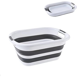 Cos de rufe tip lighean, pliabil, usor de depozitat, din plastic si silicon, cu manere, dimensiuni 53X38X23 cm, alb/gri - Img 1