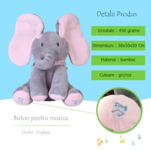 Jucarie interactiva elefant, FOXMAG24, peek a boo, canta si vorbeste, 30x15 cm, gri/roz - Img 3