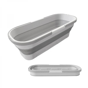 Lighean pliabil dreptunghiular, portabil, capacitate 8 L, dimensiuni 56 x 25.5 x 17 cm, cu 4 rotile mici pentru transport, usor de depozitat si curatat, alb/gri - Img 1