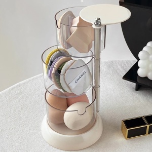 Organizator pentru cosmetice, tip cutie, rotire la 360°, cu 3 compartimente, dimensiuni 18.5 x 11 cm, din plastic, alb - Img 1