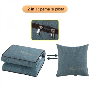 Perna si pilota, 2 in 1, dimensiuni 40 x 40 x 10 cm sau 110 x 150 cm, din material textil, cu 2 fermoare metalice bidirectionale, pentru auto, birou, living, voiaj, verde - Img 3