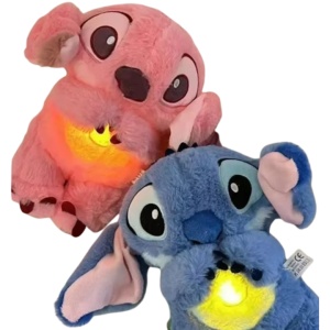 Set 2 Jucarii interactive de plus Lilo si Stitch, cu efecte luminoase si muzicale, care respira si calmeaza copilul, 15 cm lungime, albastru/roz - Img 1