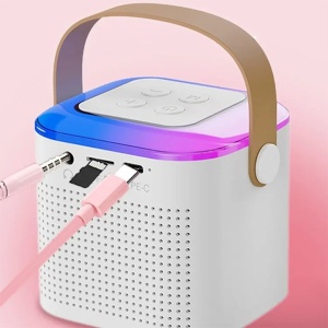Set cu statie si microfon smart, boxa wireless, portabil, cu dimensiuni reduse, pentru copii si adulti, cu jocuri de lumini, alb - Img 3