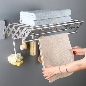 Suport pliabil pentru prosoape, din inox, cu 7 bare, 5 carlige, dimensiuni 12-35.5 cm x 58 cm x 14.5 cm, fixare pe perete, argintiu - Img 1