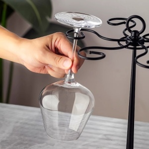 Suport rotativ pentru pahare cu picior, cu baza din lemn, cadru din metal, pentru 6 pahare, negru/maro - Img 5