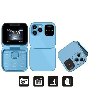 Telefon mobil mini cu ecran dublu, butoane mari, lanterna LED, camera foto, 2 x Nano SIM, player muzical, radio, albastru - Img 1