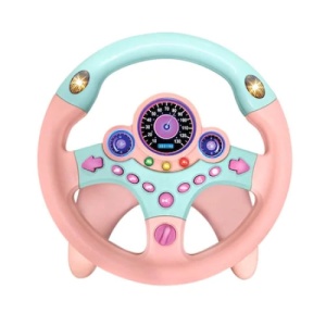 Volan interactiv de jucarie, cu sunete si lumini, cu suport, rotire 360 grade, din ABS, functionare cu baterii, roz/albastru - Img 1
