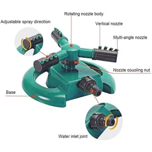 Aspersor de gradina, sistem automat de stropire cu apa, rotativa la 360°, cu 3 brate, din plastic, verde/negru - Img 2