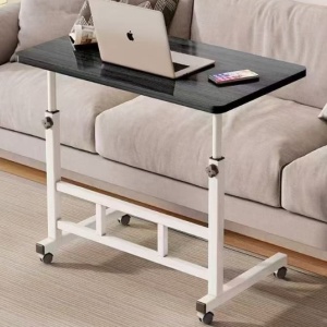Birou multifuntional cu roti, inaltime reglabila, cadru metalic, blat lemn inchis, dimensiuni 80x40 cm, alb/lemn inchis - Img 1