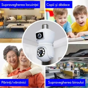 Camera de supraveghere tip bec, WiFi, dubla, 360° panoramic, alarma, vedere nocturna, port microSD, detectare a miscarii, alb - Img 4