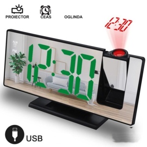 Ceas de masa, cu oglinda si proiectie, din PVC, cu 2 nivele de lumina, 2 alarme, afisaj de zi si luna, 185 X 76/96 X 27/45 mm, incarcare USB, negru/verde - Img 2