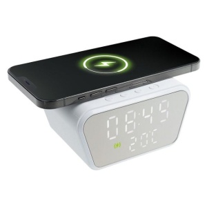 Ceas de masa, cu suprafata de incarcare a dispozitivelor WI-FI, monitorizare temperaturii, afisare a timpului, alarma, din PVC, alb - Img 1