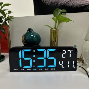 Ceas de masa si de perete, digital, cu lumina led albastru, calendar, cronometru, alarma, termometru, functie snooze, 2 moduri de iluminare, dimensiuni 24x9cm, negru/albastru - Img 4