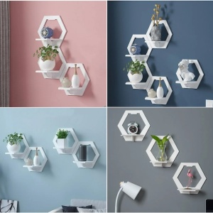 Etajera de perete, hexagon, dimensiuni 29 cm x 27 cm, cu polita de depozitare, din PVC, usor de asamblat, alb - Img 3