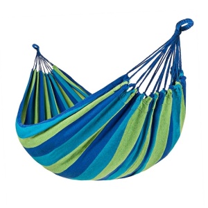 Hamac din bumbac, pentru relaxare, dimensiuni 180 x 80 cm, cu bara de lemn, greutate maxima suportata 150kg, verde/albastru - Img 1