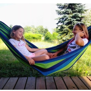 Hamac din bumbac, pentru relaxare, dimensiuni 180 x 80 cm, cu bara de lemn, greutate maxima suportata 150kg, verde/albastru - Img 4