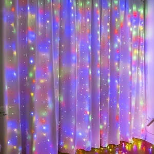Instalatie luminoasa pentru Craciun, tip perdea, dimensiuni 3X3 m, cu 300 de LED-uri, cu telecomanda si carlige de prindere, multicolor - Img 1