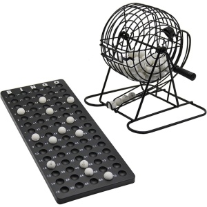 Joc de loterie tip Bingo, portabil, dimensiuni 21x21x20.5 cm, cu 75 de bile albe, pentru 4 jucatori, din metal si plastic, negru/alb - Img 2