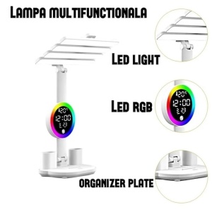 Lampa de birou, SMART, flexibil 30-47cm, cu ceas, data si temperatura, suport anti-alunecare, cu 2 organizatoare, din ABS, alb - Img 3