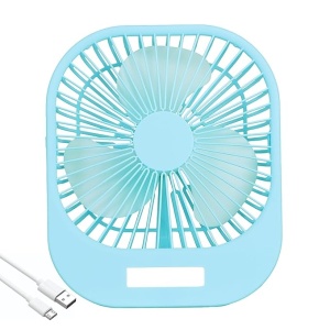 Mini ventilator de masa, cu 3 viteze, incarcare USB, suport sprijin/agatare, din ABS, cu grila de siguranta, albastru - Img 1