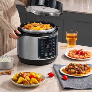 Multicooker, capacitate 6L, 14 programe, oprire automata, control temperatura, gatire sub presiune, mentinere la cald, negru/argintiu - Img 3