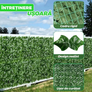 Panou verde pentru gard, artificial, cu frunze, dimensiuni 300x100cm, pentru inchidere balcon, terasa sau alte spatii, din materiale rezistente, usor de cuatat, montare rapida, verde - Img 3