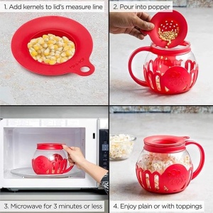 Recipient pentru prepararea popcorn-ului, din sticla borosilicata, capacitate 2L, pentru cuptorul cu microunde, alb/rosu - Img 4