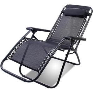 Scaun pliabil tip sezlong, cu cotiera si suport lateral, pentru plaja, terasa, gradina, greutate maxima suportata 120 kg, din metal si textil, negru - Img 1