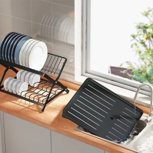 Scurgator vase cu 2 nivele, pliabil, sistem de scurgere a apei, dimensiuni 42 (L) cm x 30 (l) cm x 29.5 (H) cm, din metal si plastic, negru - Img 5